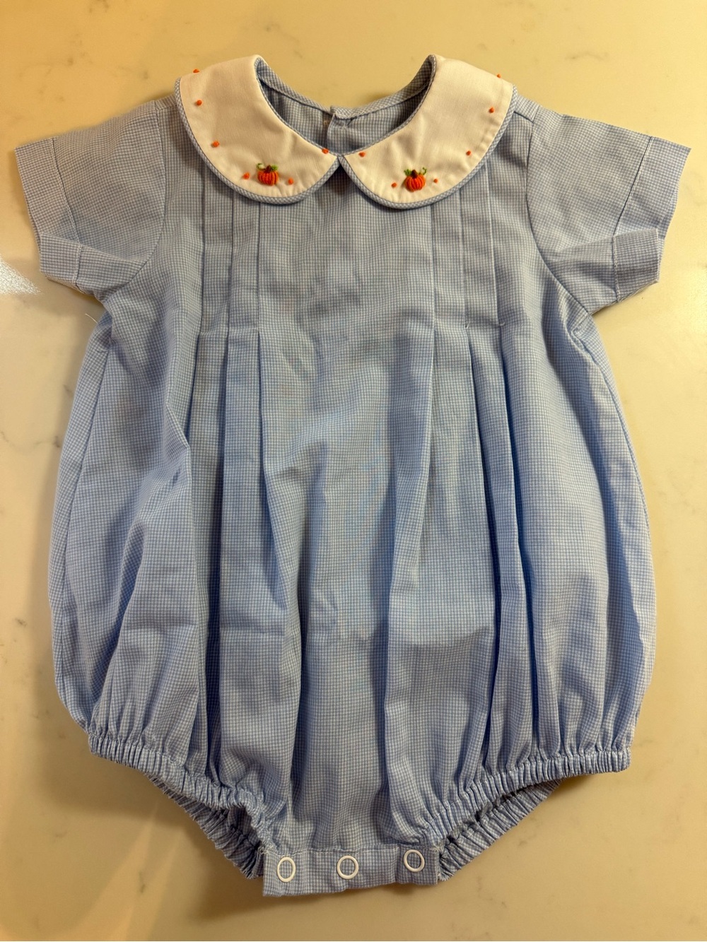 Pumpkin Embroidered Light Blur Peter Pan Collar Baby Boy Bubble Romper